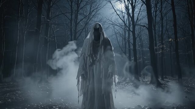 Cloaked hooded phantom standing in foggy night forest under cinematic moonlight atmosphere