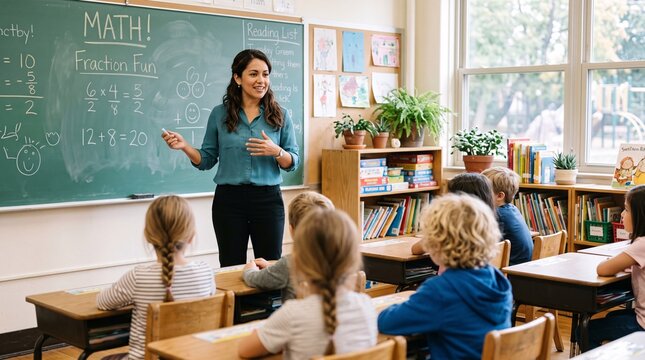 Teacher explaining elementary math lessons to students in a classroom