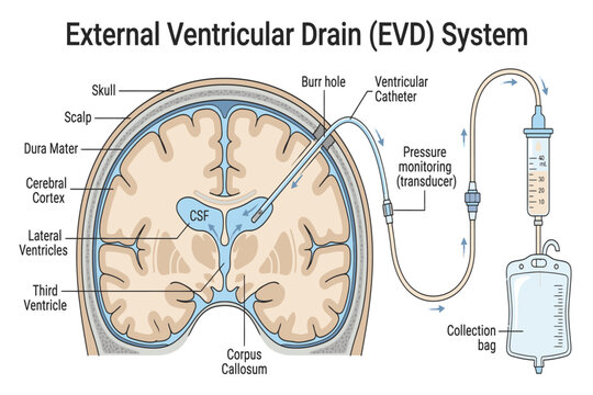 Medical infographic illustrating external ventricular drainage, catheter placement, cerebrospinal fluid monitoring, and intracranial pressure management.