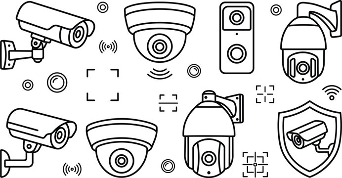 Security camera and video surveillance line art vector icons set including dome ptz bullet doorbell shield protection monitoring