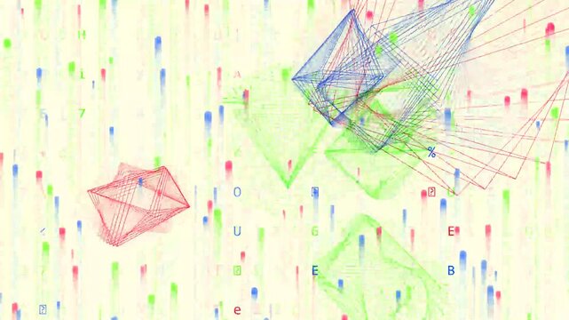 Abstract Digital Animation with Layered Geometric Wireframes and Falling Data Stream.