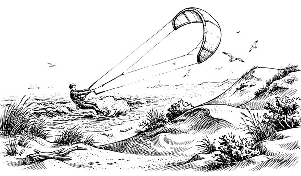 Vintage Kitesurfer Sandy Dunes Ocean Birds Engraving Style Vector Sketch