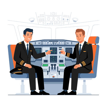 Two Pilots in Airplane Cockpit Discussing Controls