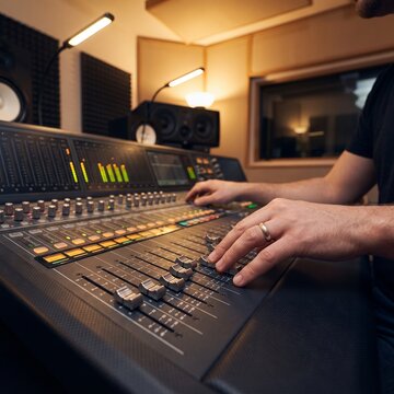 Professional sound engineer hands adjusting faders on audio mixing desk console in music studio