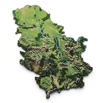 Topographic 3d relief map of serbia showing terrain elevation and physical geography isolated on a white background