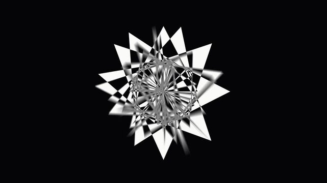 Abstract geometric star pattern spinning with metallic glass textures in a dark space loop.