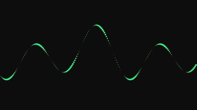 Abstract green sound wave with small square particles pulsing in rhythmic motion on black background.