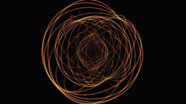 Abstract golden wireframe sculpture rotating gracefully in dark space creating circular patterns.