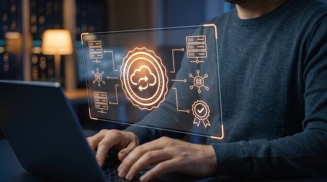 Cloud service SLA compliance and server uptime governance concept. IT architect monitoring virtual database network redundancy and hosting availability protocol for enterprise datacenter.