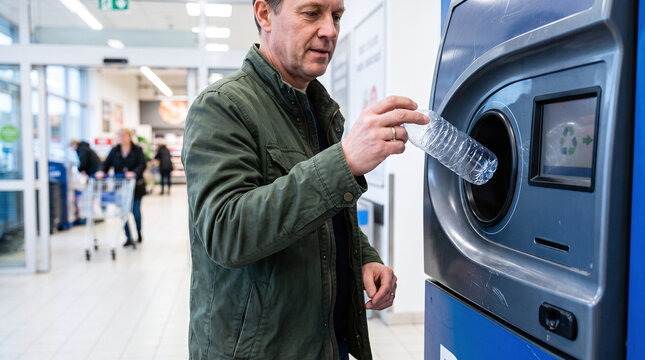 Man recycling a plastic bottle at a reverse vending machine in supermarket.