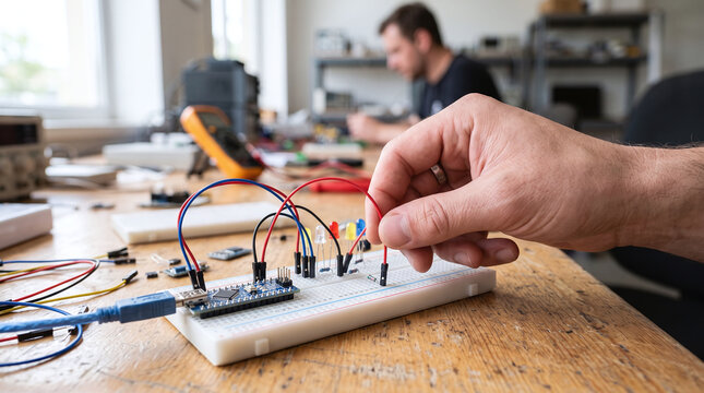 Hand connecting a jumper wire to a breadboard circuit with microcontroller.