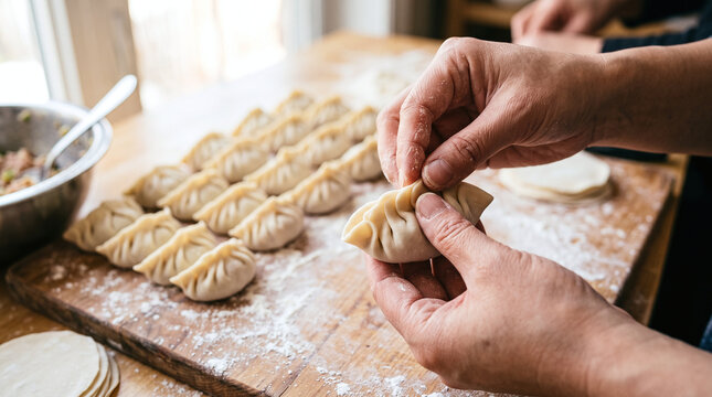Hands folding traditional Chinese dumplings on floured board during Dongzhi.