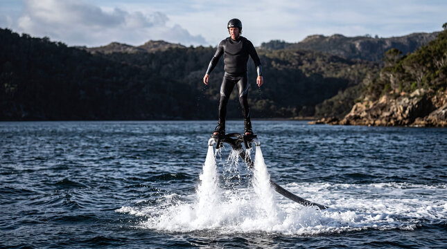 Man riding a water flyboard hovering above ocean against scenic mountains