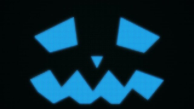 Illustration showing a glowing blue pixelated pumpkin face on a black background.