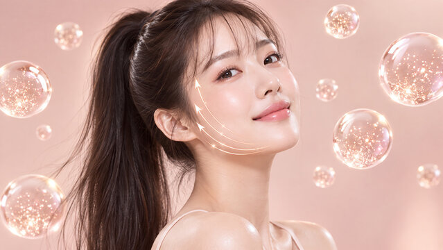 Beautiful Asian woman showing skin lifting effect with glowing rose gold lines
