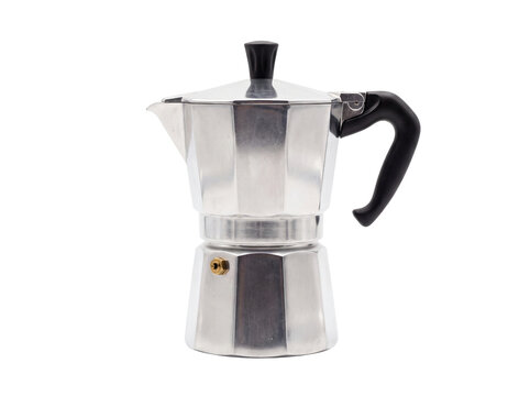 A silver stovetop espresso maker with black handle rests on transparent background moka pot coffee