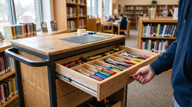Hand opening a tool cart drawer full of screwdrivers in a library makerspace.
