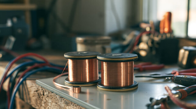 Two copper wire spools on a workshop bench