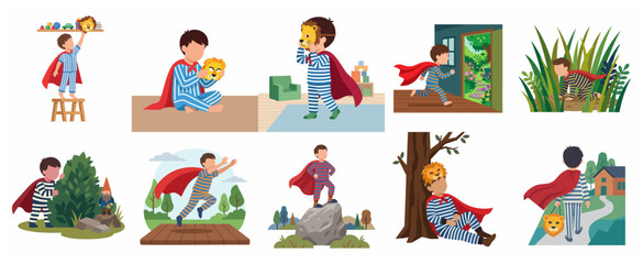 Fototapeta premium Little Boy in Pajamas and Red Cape Imagining Adventures with Lion Mask, Set of Creative Childhood Pretend Play Vector Illustrations