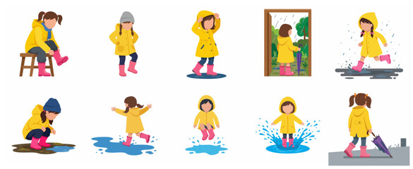 Fototapeta premium Flat vector illustration set of a cute girl in a yellow raincoat and pink rubber boots playing in the rain and puddles