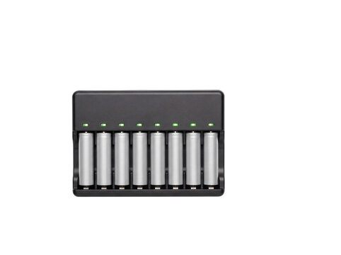 Eight silver cylindrical batteries charging in a black battery charger on transparent background aaa rechargeable