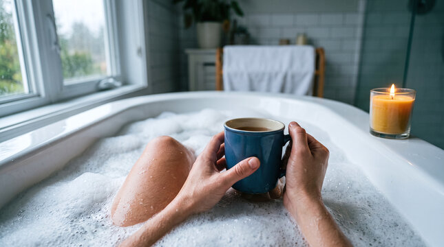 Person relaxing in a warm bubble bath holding a mug with a lit candle nearby