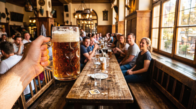 Point of view holding a beer stein raised in a traditional German beer hall.