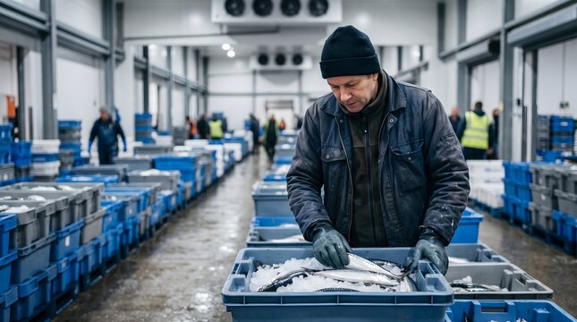 Worker in warm clothing and gloves sorting fresh mackerel fish over ice inside refrigerated seafood processing warehouse with blue plastic crates.