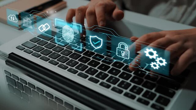 Digital Security Concepts, Cyber Technology, Fingerprint Scanning, Lock Symbol, Data Protection, Modern Computing, Laptop Use, User Authentication Process. Entropy.
