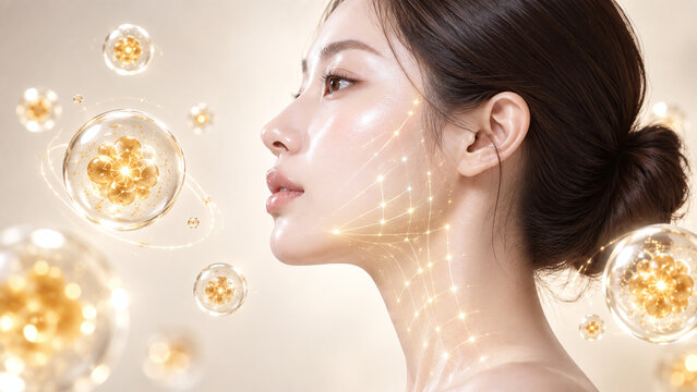 Profile of a woman with golden exosome matrix for glowing skin rejuvenation