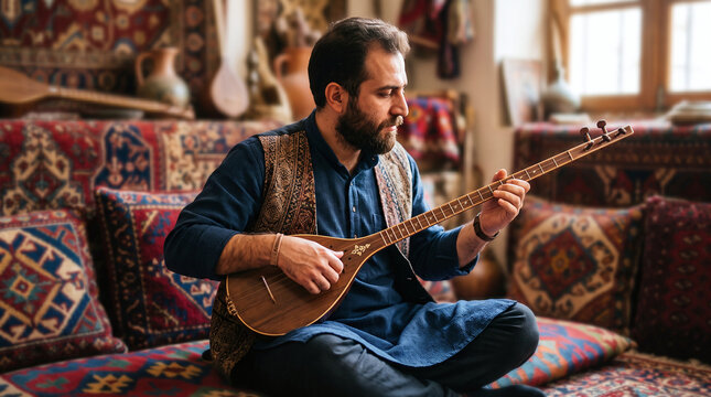 Persian musician playing traditional setar on colorful cushions for Yalda night.