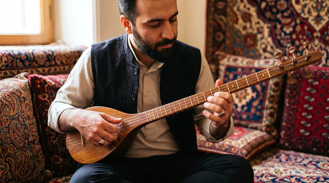 Man playing traditional setar on floor cushions during Yalda night celebration