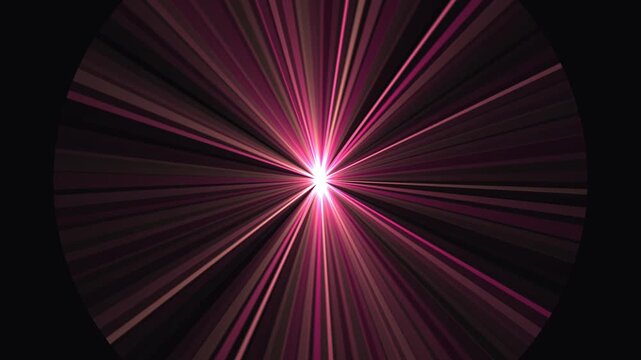 Abstract starburst lens flare glowing with pink rays rotating on dark background loop footage.
