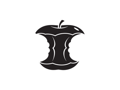Black silhouette icon of a bitten apple core isolated on a white background