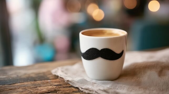 Mustache Coffee Cup on a Rustic Wooden Table in a Caf├⌐