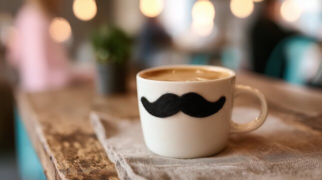 Coffee in a Ceramic Mustache Mug on a Rustic Cafe Table