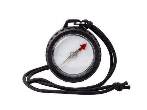 A black plastic compass with a silver needle and lanyard rests on transparent background navigation