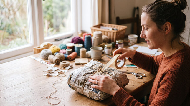 Woman carefully wrapping a Sinterklaas gift parcel with recycled newspaper