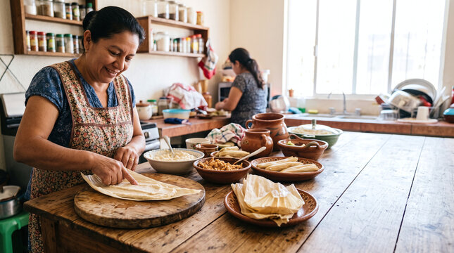 Smiling Hispanic woman spreading masa on corn husks for Las Posadas tamales