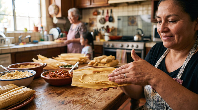 Hispanic woman spreading masa on corn husk making tamales during Las Posadas