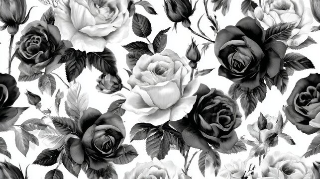 Classic monochromatic botanical pattern featuring stylized rose illustrations, vintage watercolor technique blended with graphic design elements, pure white and deep black color palette, precise