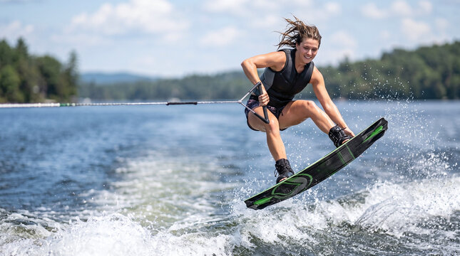 Young woman performing an impressive wakeboard jump trick on a sunny lake