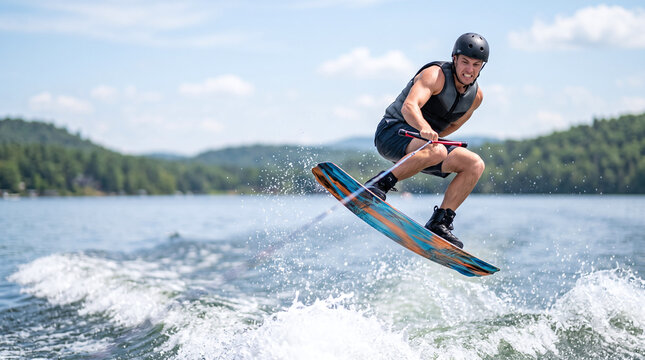 Athletic man performing a high wakeboard jump over a lake on sunny summer day.