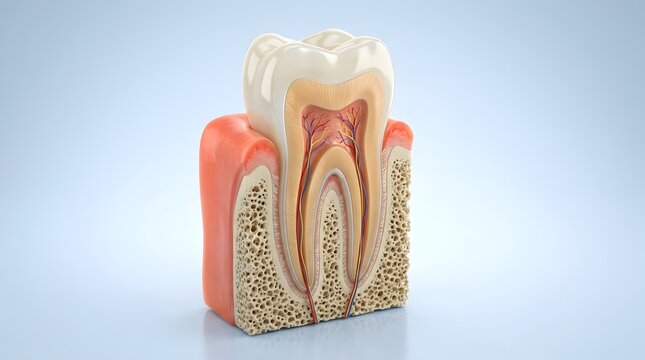Detailed cross section of a human tooth showing enamel dentin pulp with blood vessels and nerves and surrounding bone and gum tissue