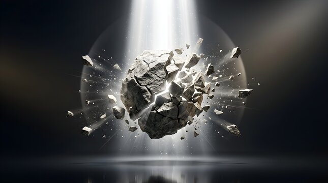 Abstract explosion of a floating rock sphere illuminated by a single bright spotlight against a dark background with explosion floating shattered abstract spotlight