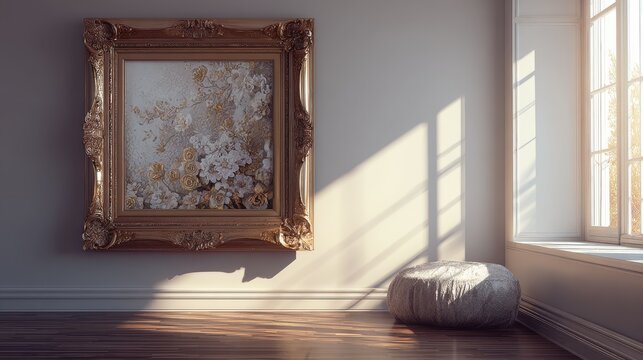 Refined interior scene with artistic picture frame, intricate floral elements positioned near soft-lit window, subtle depth and lighting effects, professional 3D render emphasizing interior design