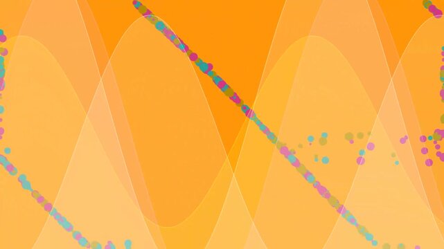 Abstract colorful particles moving along multi-layered sine waves on an orange background.
