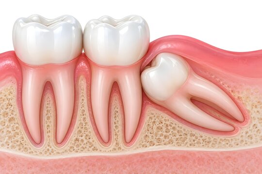 Impacted wisdom tooth growing sideways pressing against adjacent molar in cross section of human jawbone with healthy teeth and gums