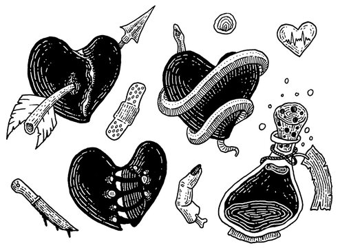 Set of black hearts pierced by arrows with bandage, tooth and potion bottle, dark tattoo flash blackwork illustration

