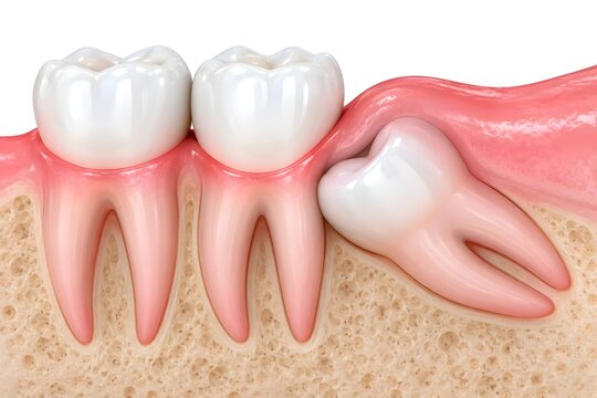 Wisdom tooth impaction and overcrowding of teeth in a human jawbone dental health illustration